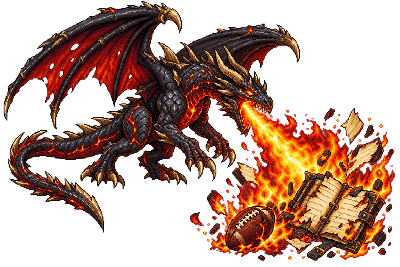 Blacksteel pixel-art dragon breathing fire over a fantasy-football matchup ledger